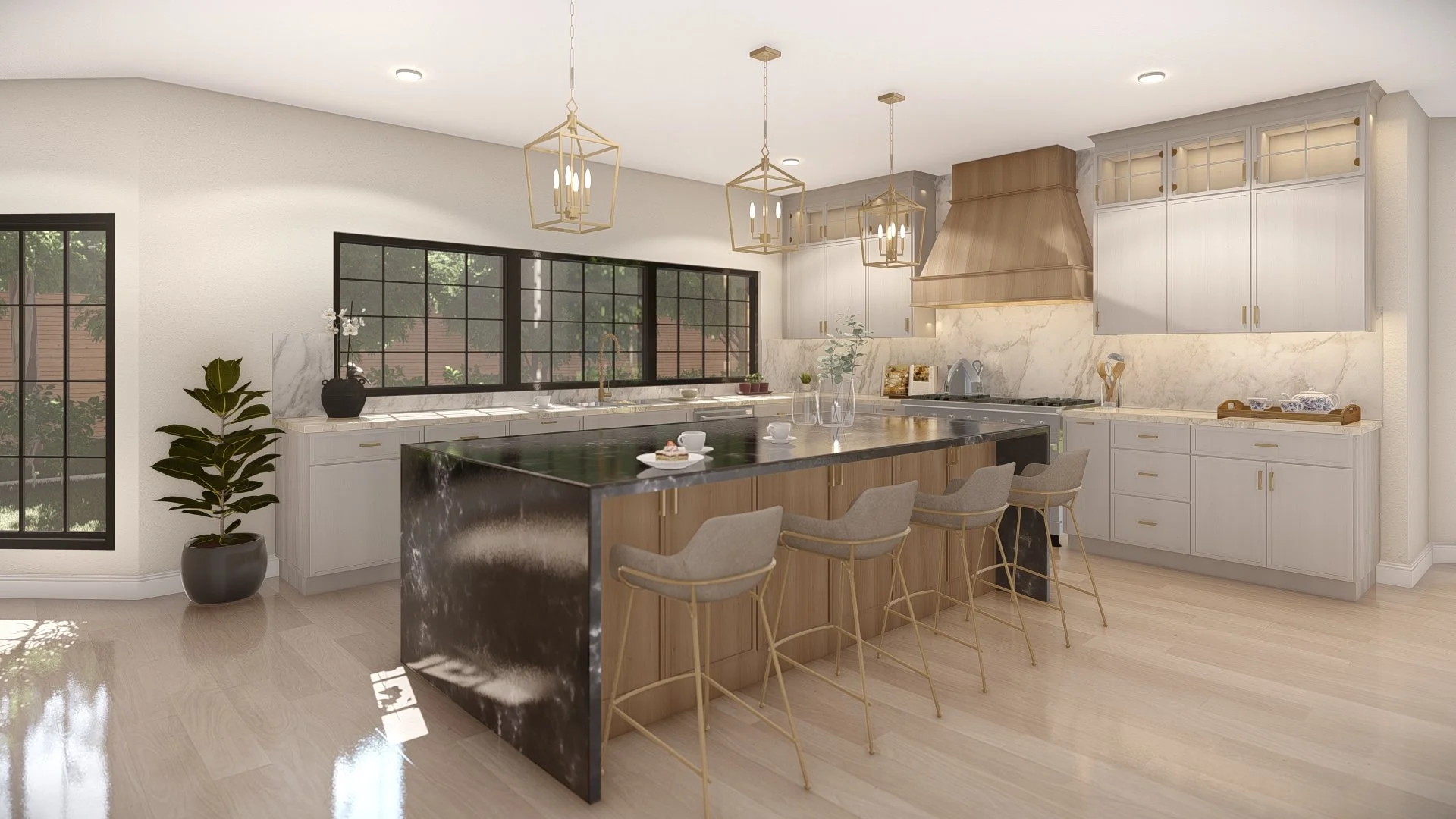 Modern kitchen with large island, bar stools, pendant lights, marble backsplash, wooden cabinetry, and large windows.