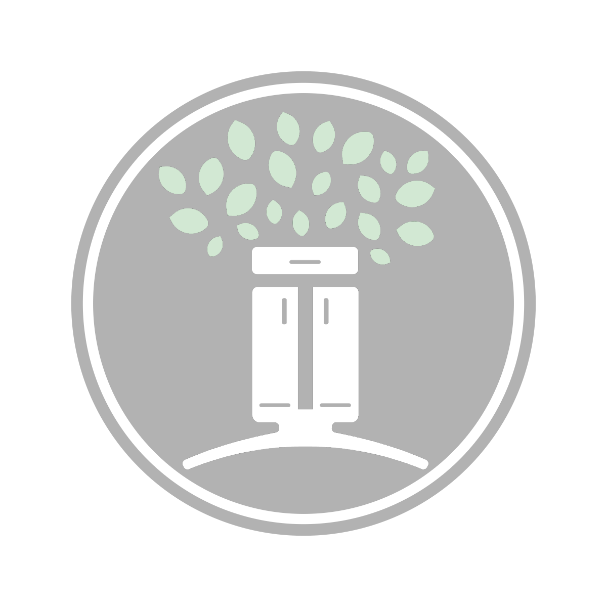 Logo of a stylized tree with trunk resembling two vertical lines and leaves on a circular gray background.