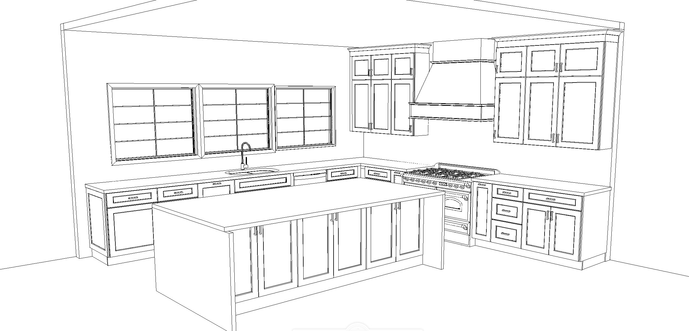 Kitchen layout sketch with cabinets, island, stove, and sink.