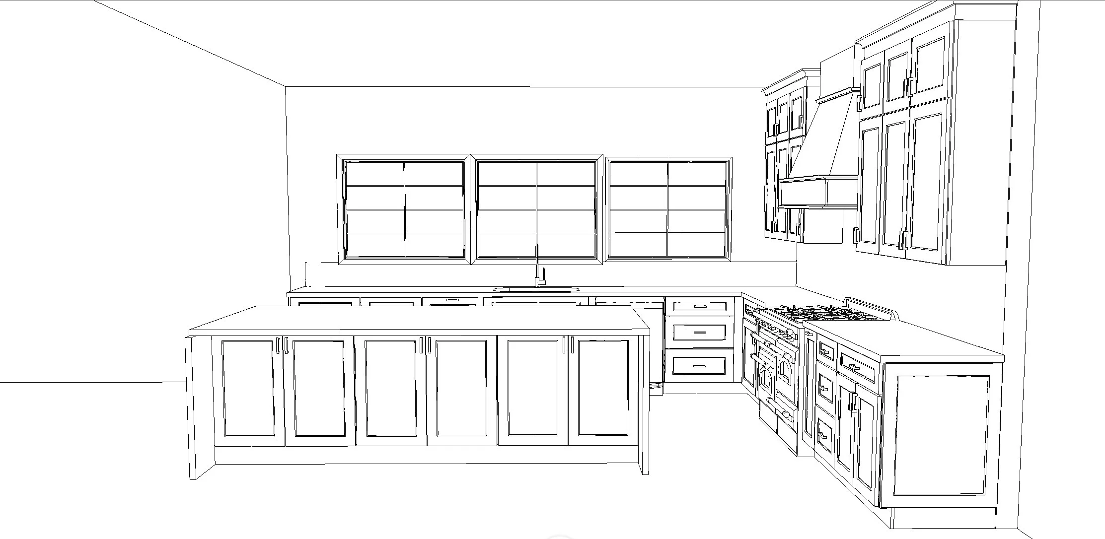 Black and white kitchen design blueprint with cabinets, island, windows, range, and hood.
