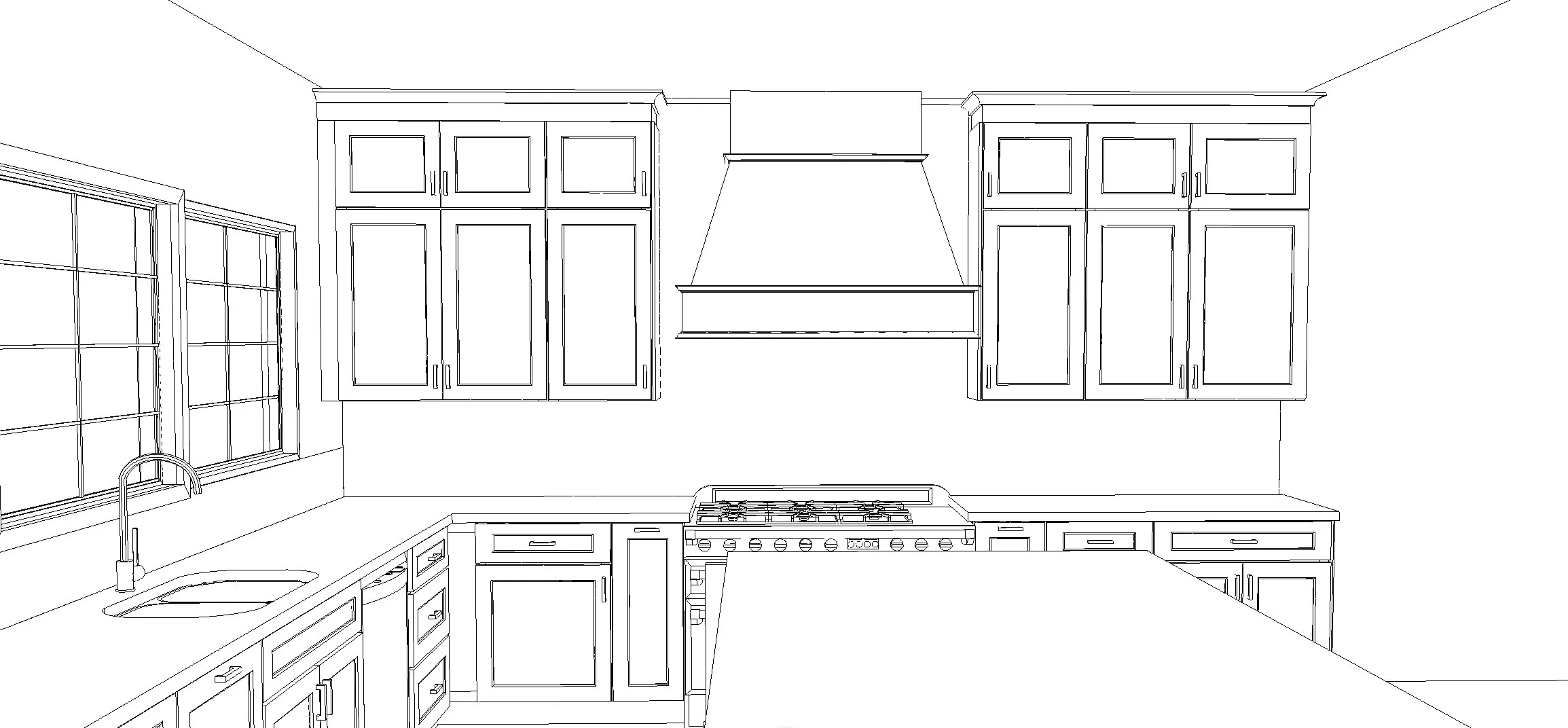 Line drawing of a kitchen interior with cabinetry, stove, sink, and windows.