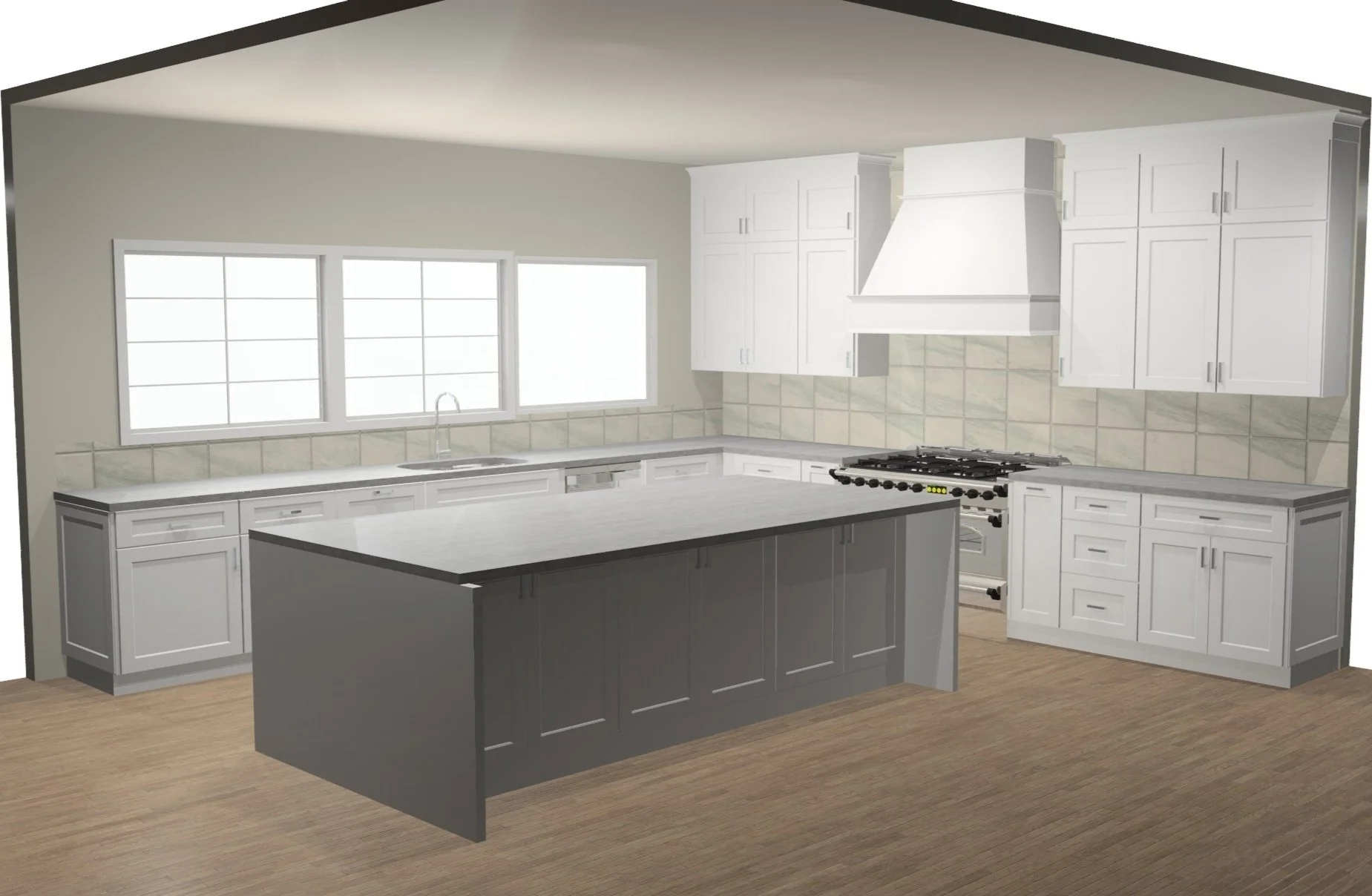 Modern kitchen design with white cabinets, a large island, and stainless steel appliances.