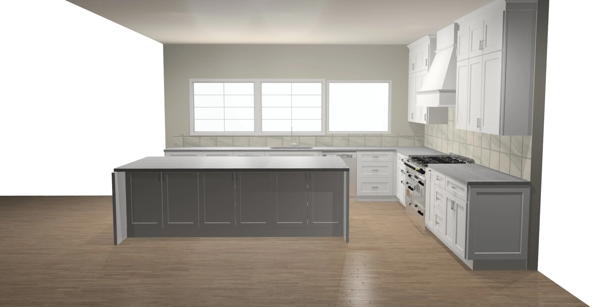Modern kitchen design with white cabinetry, gray island, tiled backsplash, stainless steel appliances, and wood flooring.