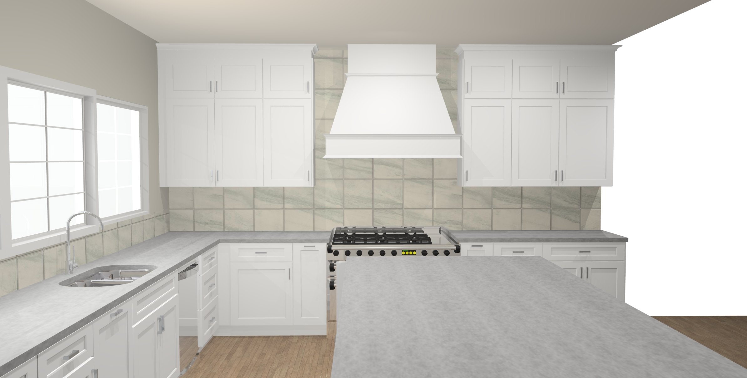 Modern kitchen design with white cabinets, marble countertops, and stainless steel stove. Features a tile backsplash, sink with faucet, and hardwood floors.