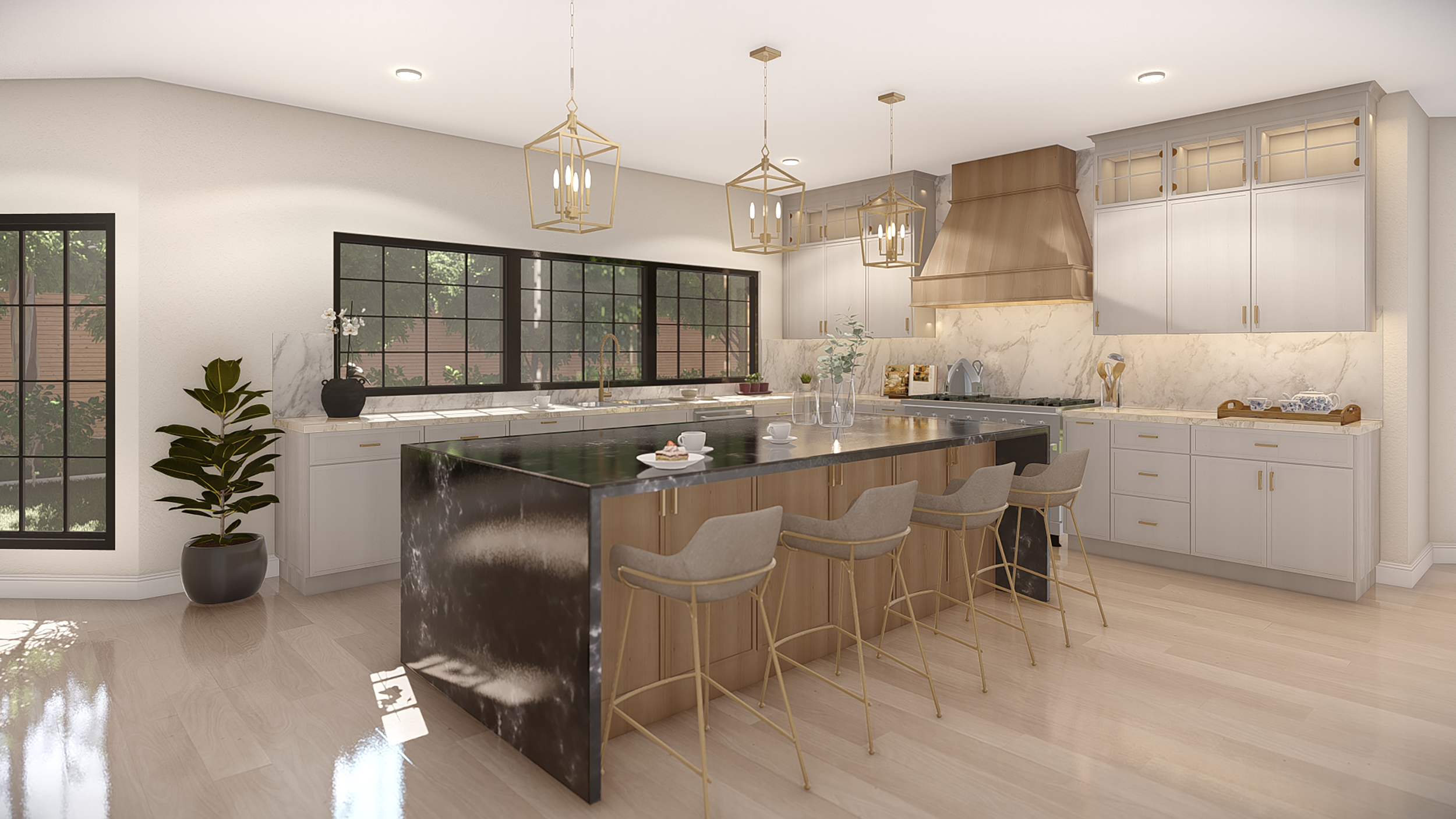 Modern kitchen interior with a large black kitchen island, wooden cabinetry, marble backsplash, and pendant lighting. Includes stools, a potted plant, and large windows.