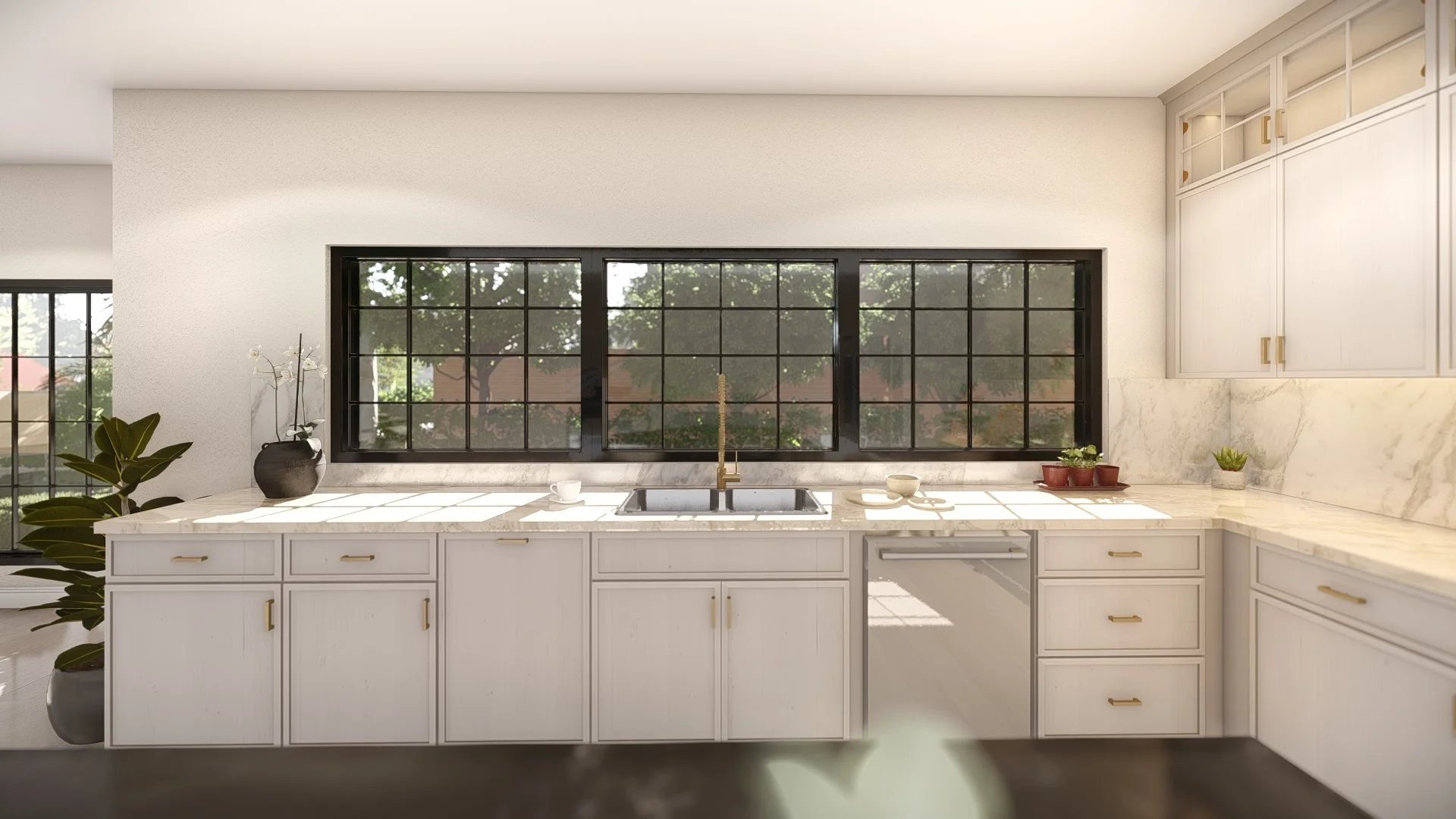 Modern kitchen with white cabinets, marble countertops, stainless steel sink, large window, potted plants, and decorative items.