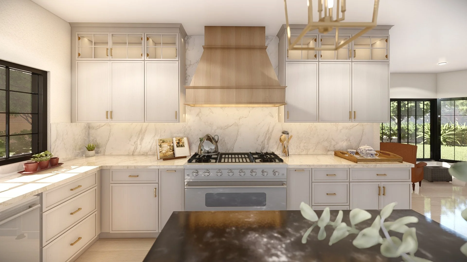 Modern kitchen interior with marble countertops, white cabinets, and a gas stove. Wooden range hood, potted plants, and kitchen accessories are visible. Large window with garden view adds natural light.