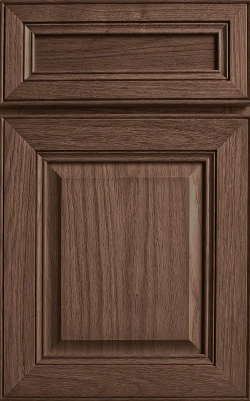 Wooden cabinet door with a raised panel and a dark brown finish.