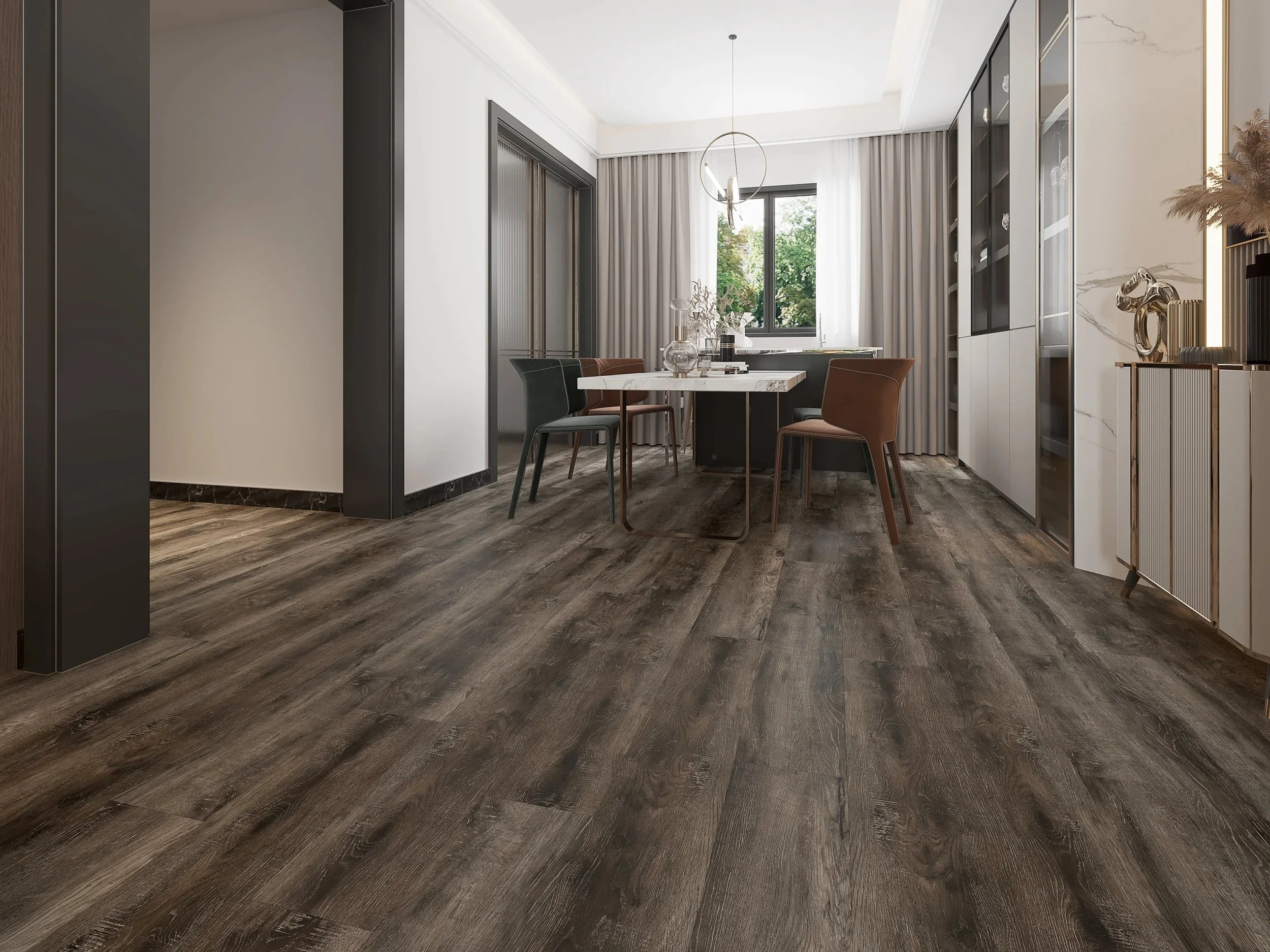 Modern dining room with dark wood flooring, a sleek table, several chairs, and a contemporary light fixture. Large windows with curtains allow natural light in, enhancing the elegant atmosphere.