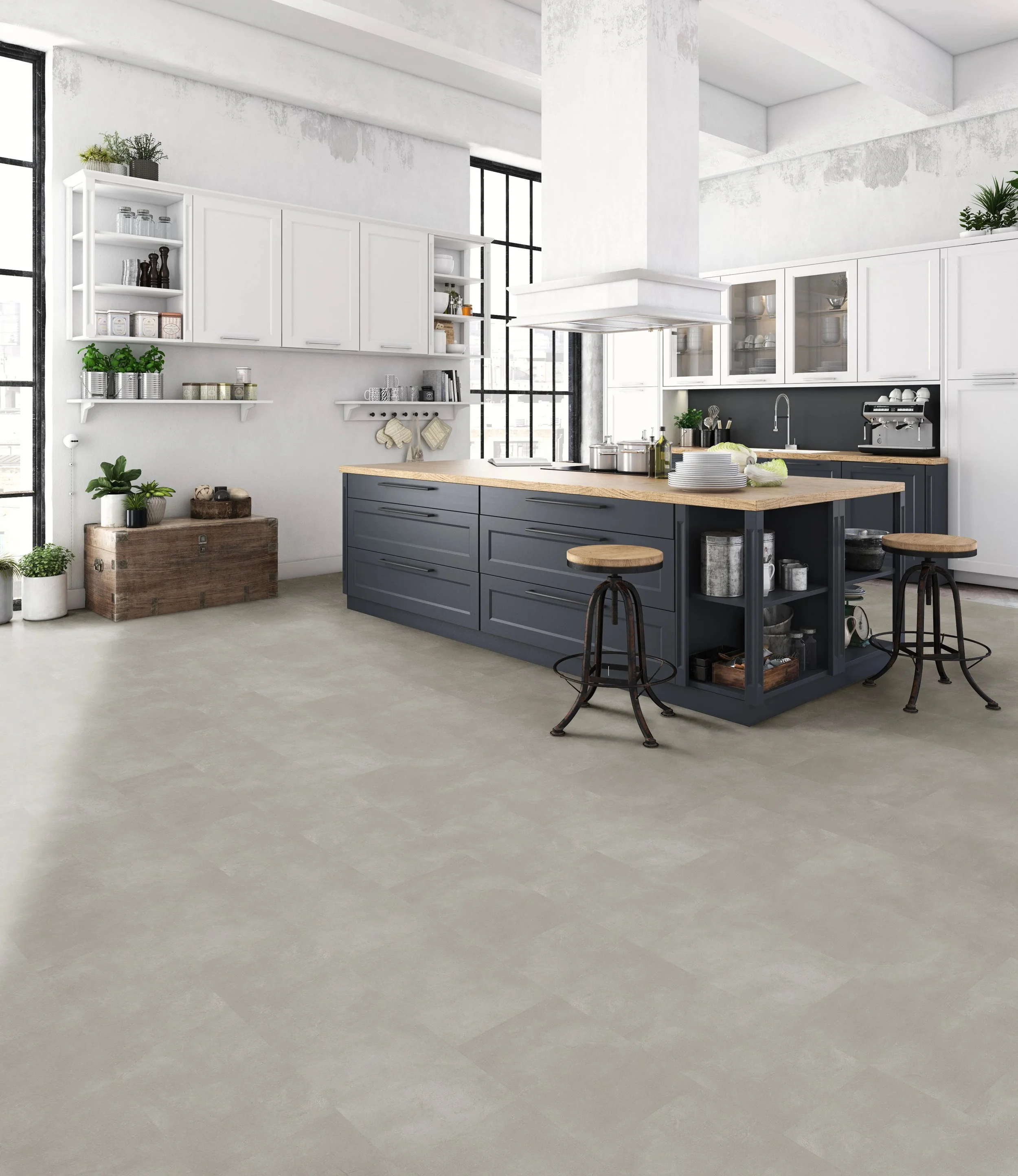 Modern kitchen with white cabinets, dark island, and stools.