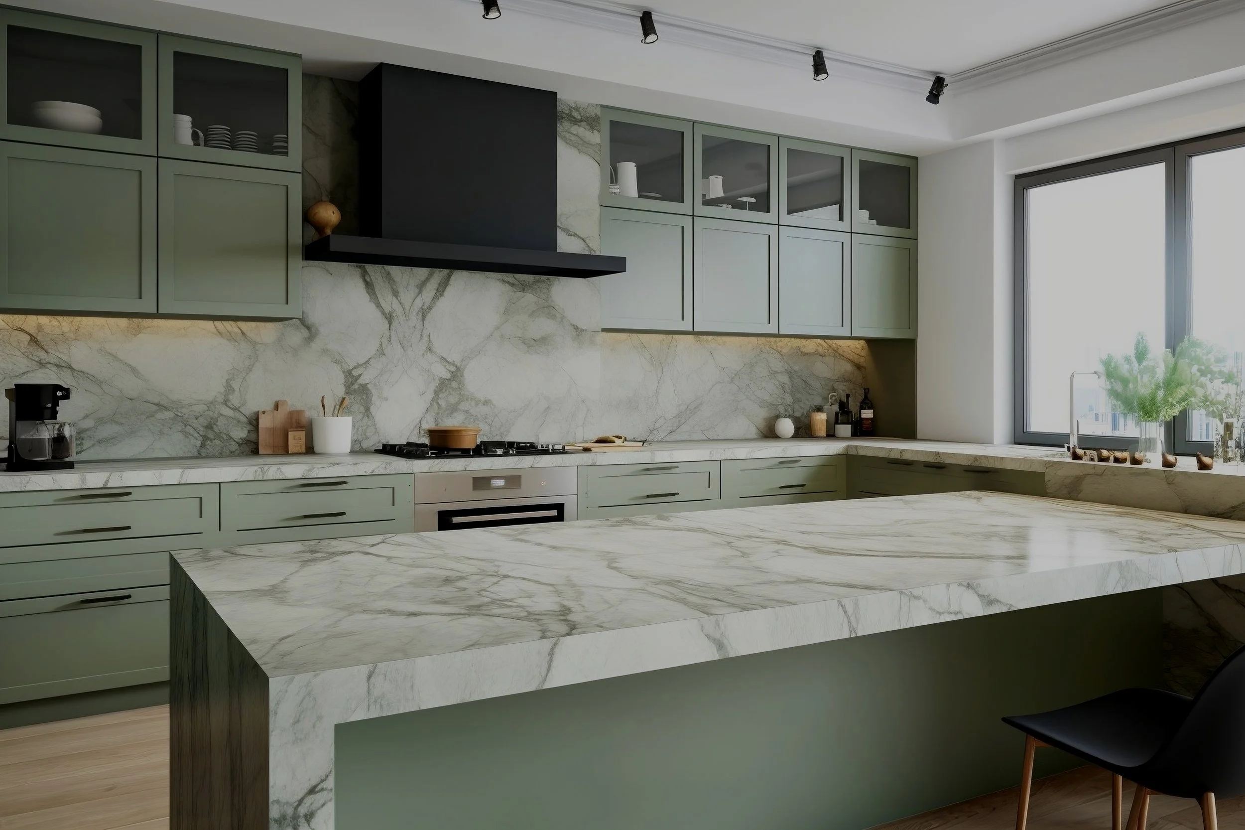 Modern kitchen with green cabinets, marble countertops, stovetop with hood, and window view.