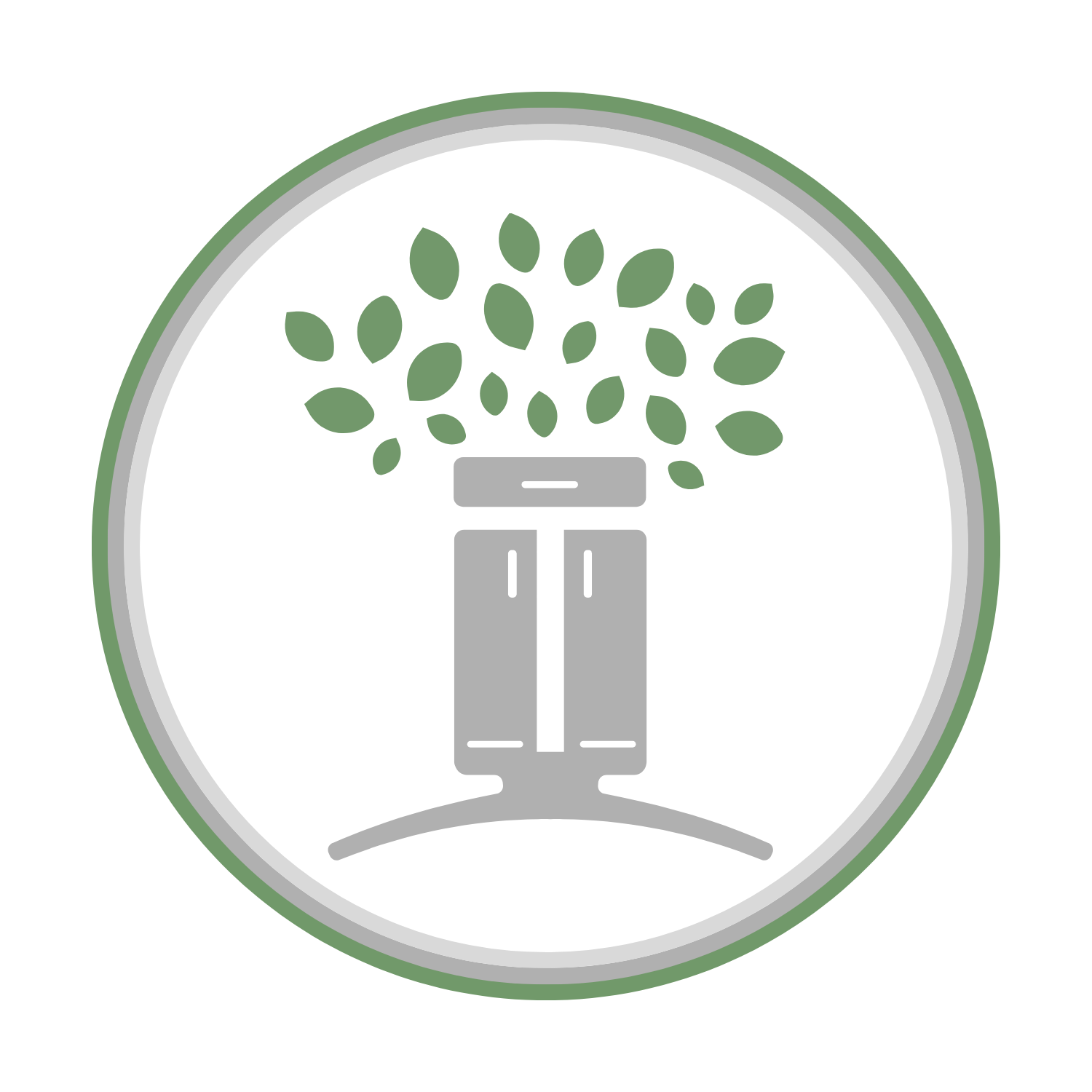 Icon of two gray test tubes with green leaves emerging, symbolizing growth or science, inside a green-bordered circle.