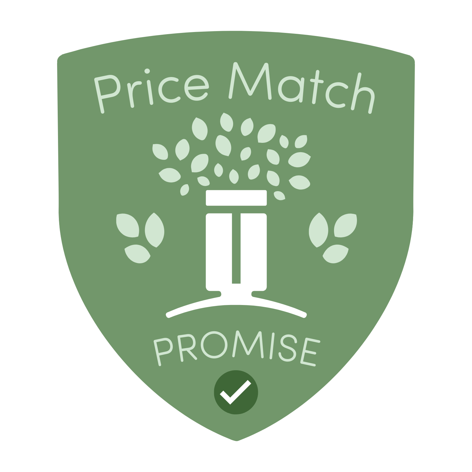 Green shield-shaped icon with text "Price Match Promise," featuring the Cabinet Tree logo and a checkmark.