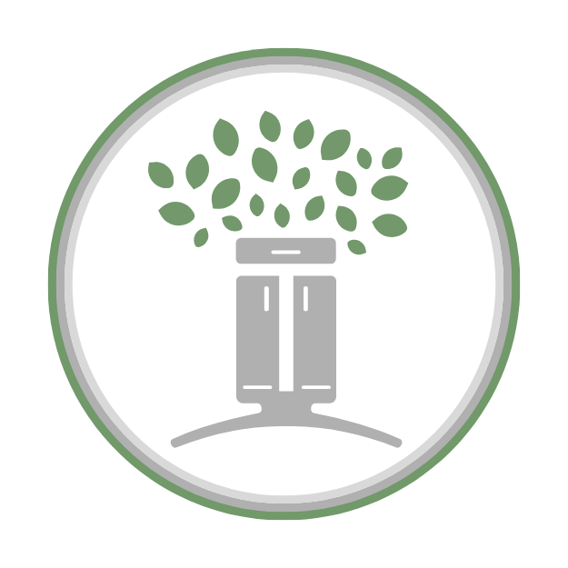 Circular badge with a stylized tree design, featuring green leaves and a gray trunk, against a white background with a green border.