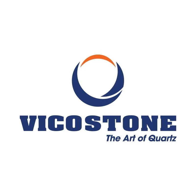 VICOSTONE logo with slogan 'The Art of Quartz' below a circular design in blue and orange.