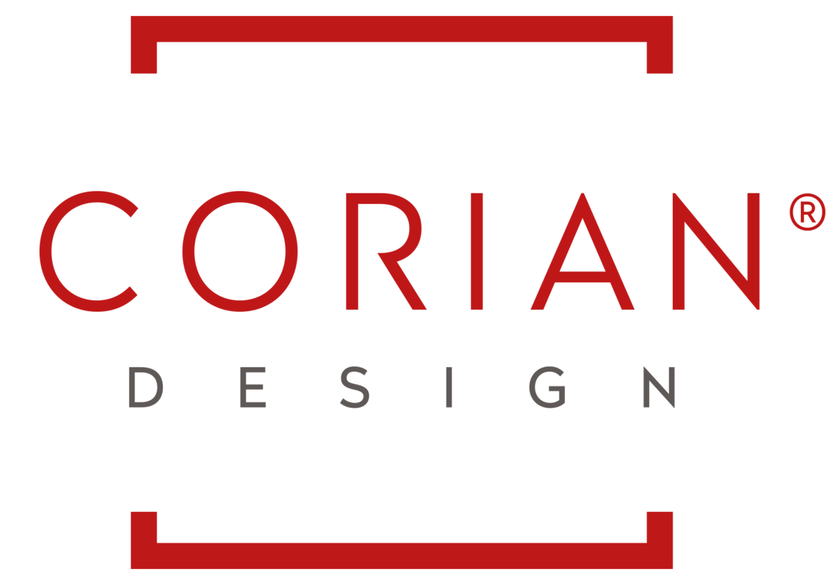 Corian Design logo featuring the word 'CORIAN' in red and 'DESIGN' in gray, surrounded by a red rectangular outline.