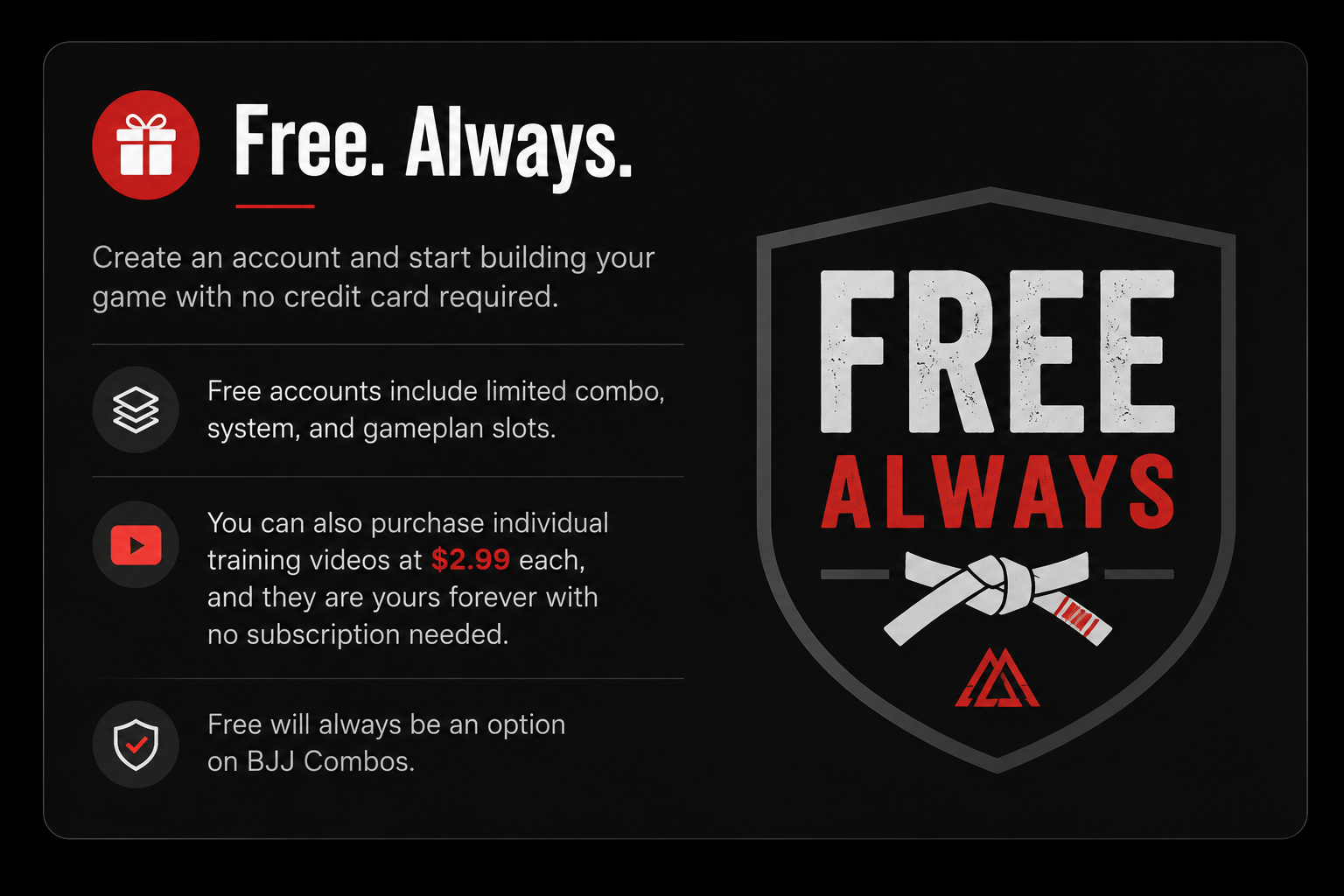 Promotional graphic for a martial arts or self-defense program emphasizing free options, including limited free accounts, purchase of training videos for $2.99 each, and free options on BJJ Combos, with a shield emblem containing the words "FREE ALWAYS" and a ribbon and triangle logo.