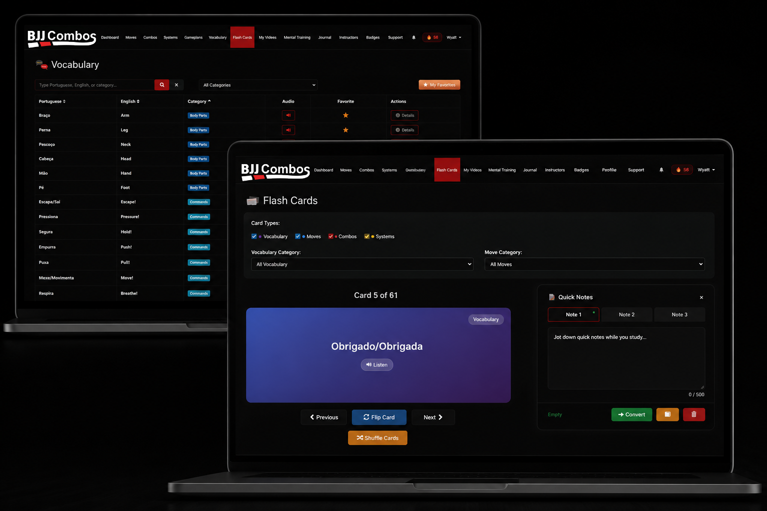 Screenshots of a language learning app called BJJ Combos with vocabulary and flash cards interfaces open on a laptop. The vocabulary page lists body parts in Portuguese and English, while the flash cards page displays a Portuguese word with its Engli