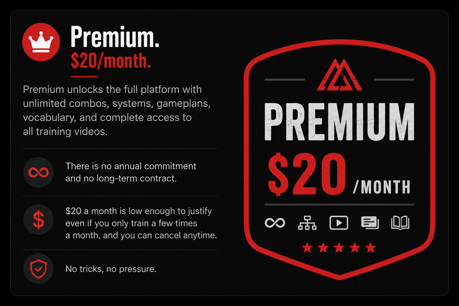 An advertisement for a premium subscription plan costing $20 per month. It features a red crown icon, large text highlighting the price, and icons representing unlimited access, no long-term contract, affordability, no tricks, and no pressure, with a red shield icon for security and five red stars at the bottom.