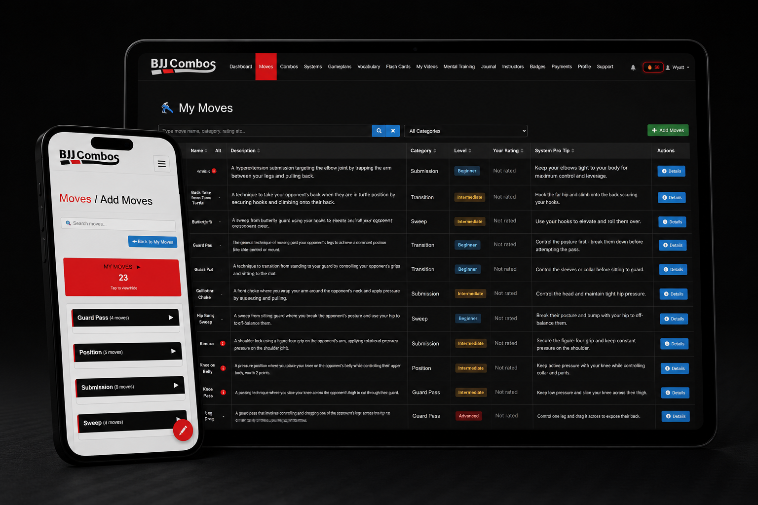 Screenshots of a martial arts app on two devices. The larger screen shows a dashboard titled 'My Moves' with a list of moves, categories, levels, ratings, tips, and actions. The smaller screen displays a menu of martial arts moves with search and filter options, a red section indicating 23 moves, and expandable categories.