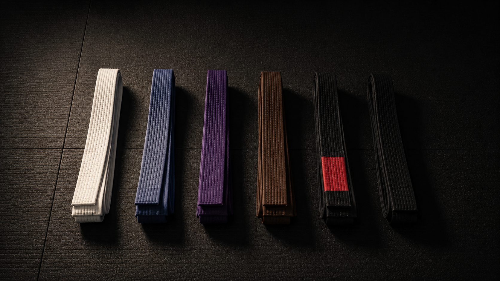 Six martial arts belts in white, blue, purple, brown, black with a red stripe, and black, arranged in order on a dark textured floor.