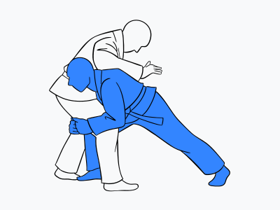 Two people practicing judo, one wearing a white gi and the other wearing a blue gi, with the person in blue executing a throw.