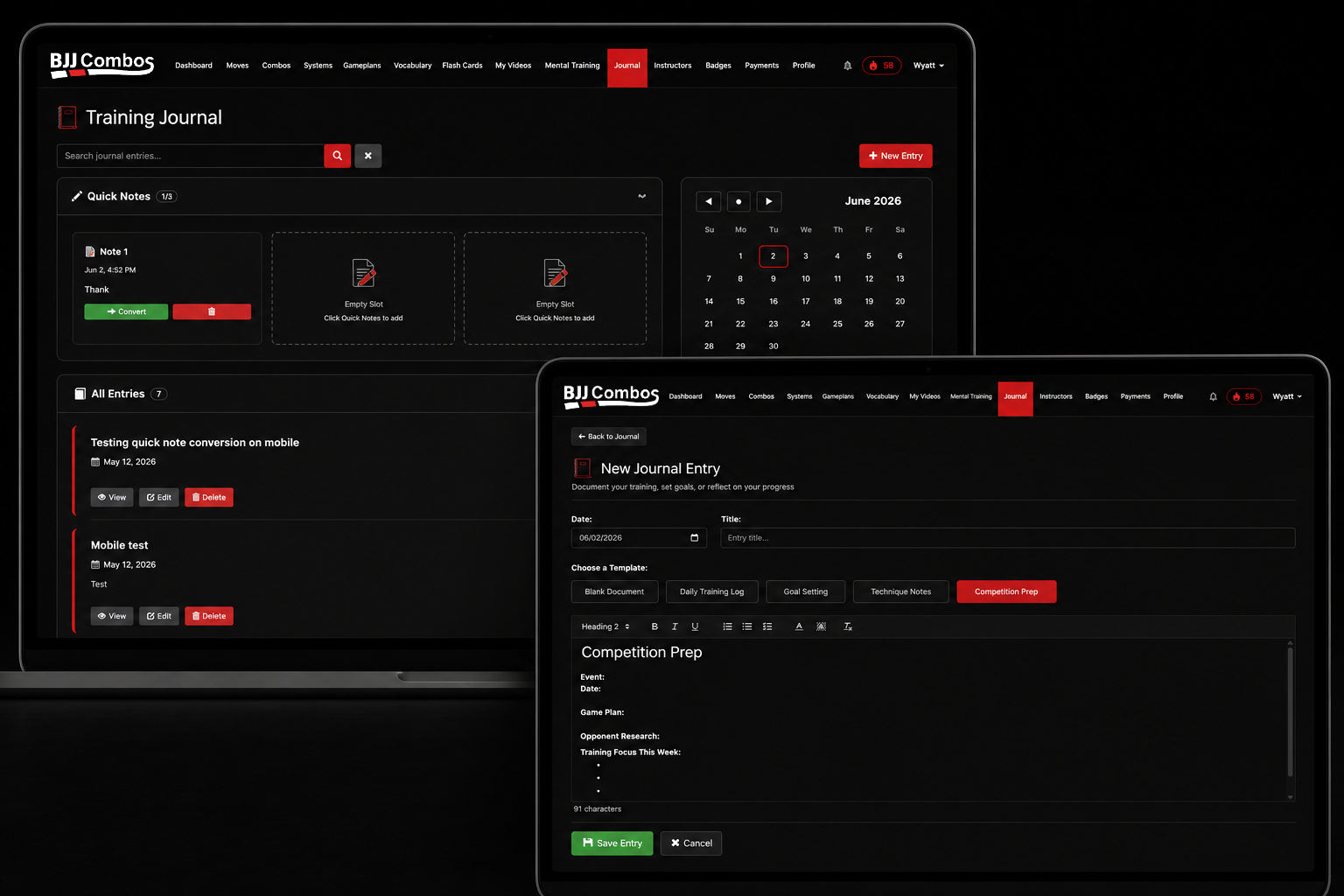 Screenshots of a digital training journal and entry interface for BJJ Combos, showing a dark-themed user interface with a navigation menu at the top, a calendar, and options to add, view, edit, or delete journal entries on a laptop and tablet screen.