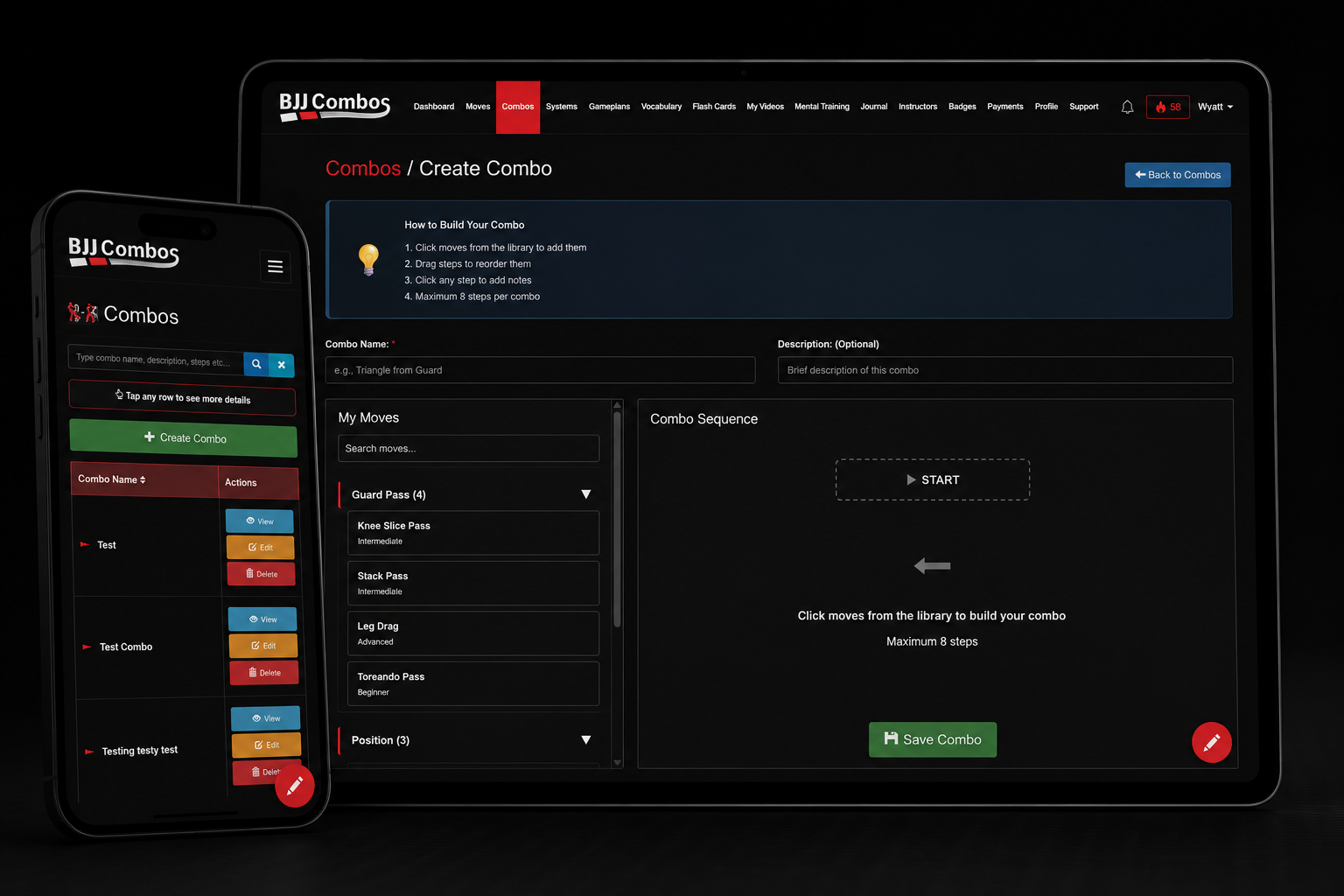 Screens showing a mobile app and tablet interface for creating martial arts move combos with lists of moves, action buttons, and combo-building tools.