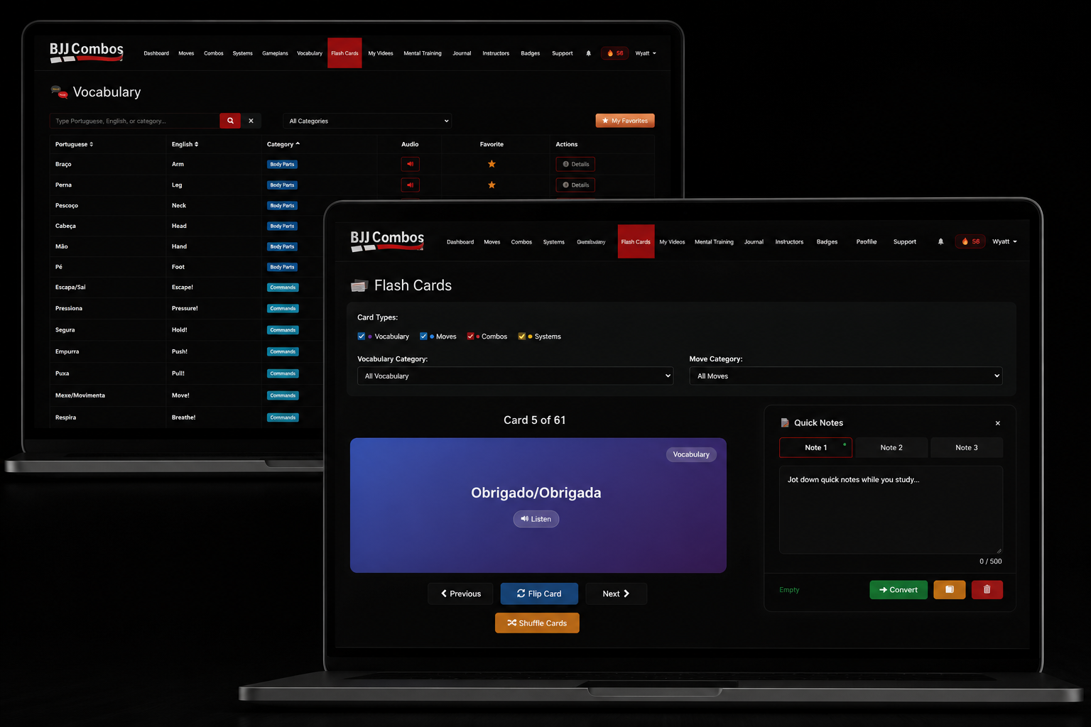 Laptops displaying a language learning website with vocabulary and flash card sections, with black background and red accents.