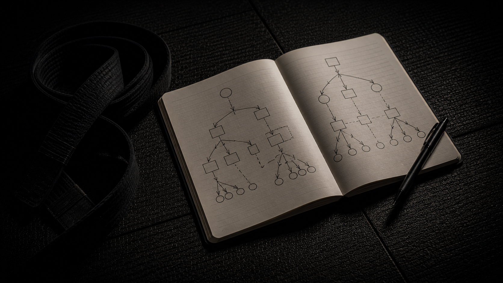 Open notebook with hand-drawn flowcharts and a black pen, placed on a black textured surface near a rolled black belt.