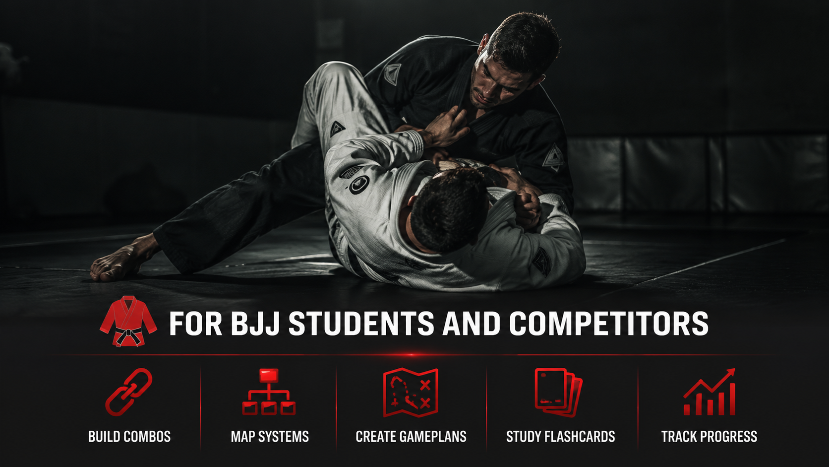 Photograph of two men practicing Brazilian Jiu-Jitsu on a mat in a dark gym, with one man in a black gi and the other in a white gi, engaged in a grappling position. The image promotes BJJ training tools with icons and text for building combos, mapping systems, creating game plans, studying flashcards, and tracking progress.