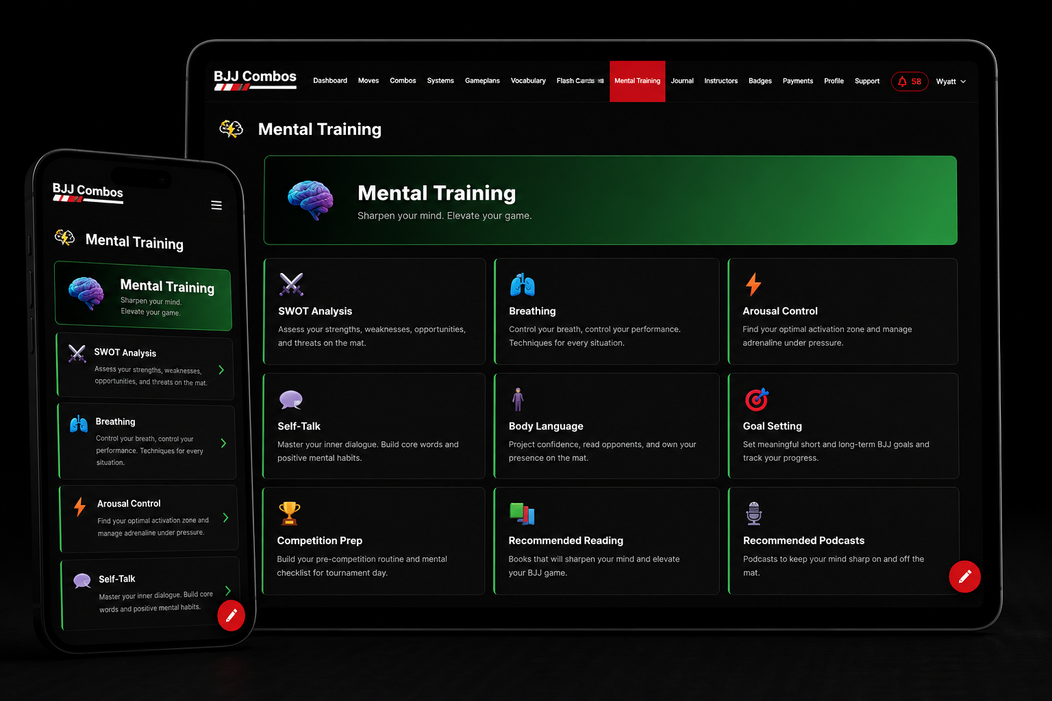 A tablet and a smartphone display a BJJ Combos app interface with a black background. The app's Mental Training section includes options like SWOT Analysis, Breathing, Arousal Control, Self-Talk, Body Language, Goal Setting, Competition Prep, Recommended Reading, and Podcasts, each with icons and brief descriptions. The smartphone shows a simplified version of the same menu.