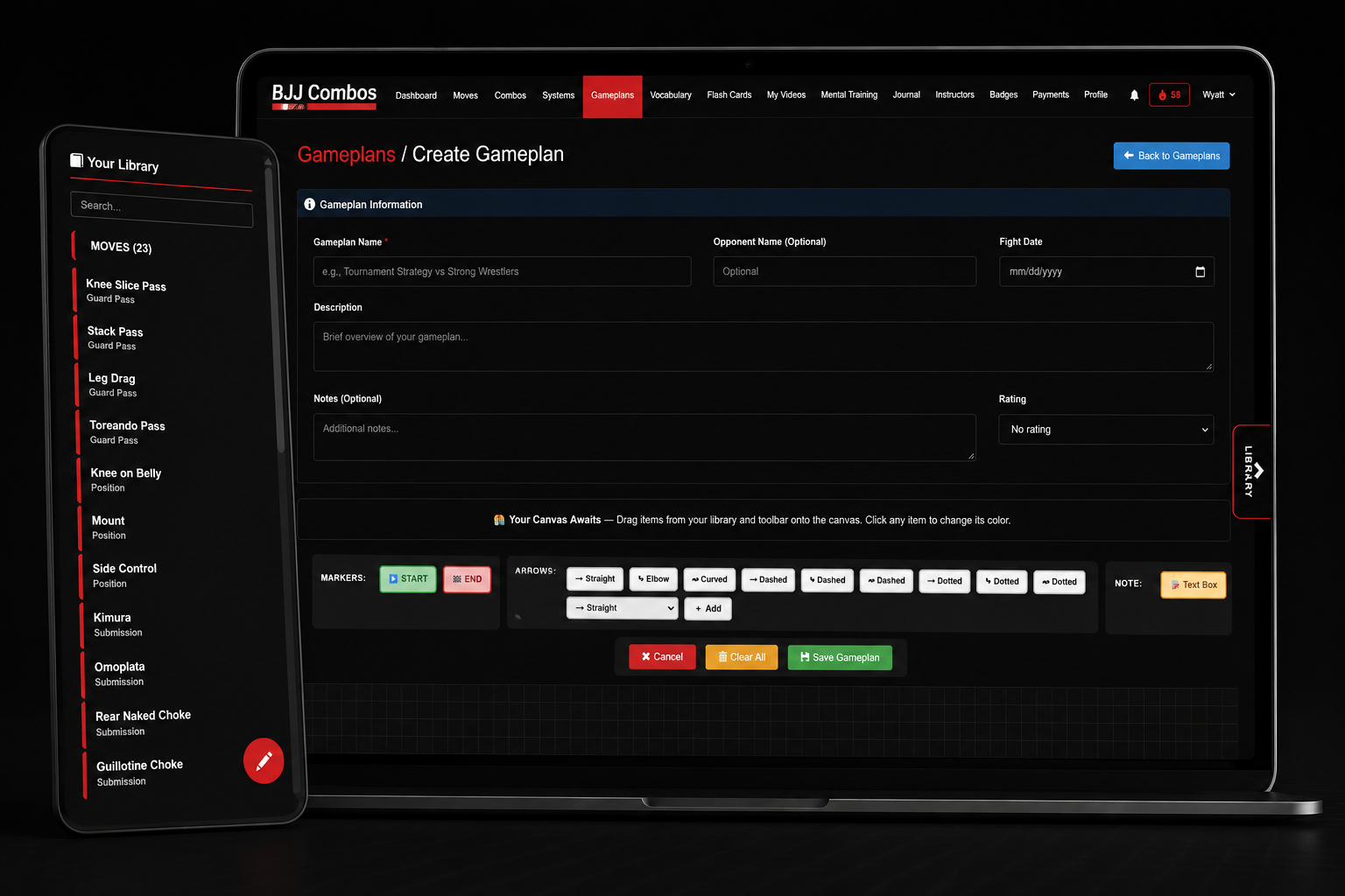 A laptop and a smartphone displaying a martial arts tournament planning tool with black background and red, white, and green accents.