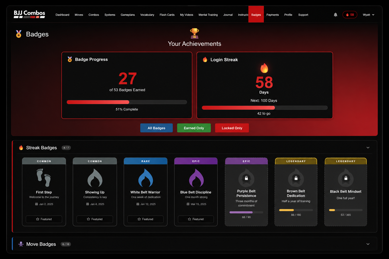 Screenshot of a dashboard from the BJJ Combos website showing achievements and badges, including badge progress, login streak, streak badges, and move badges.