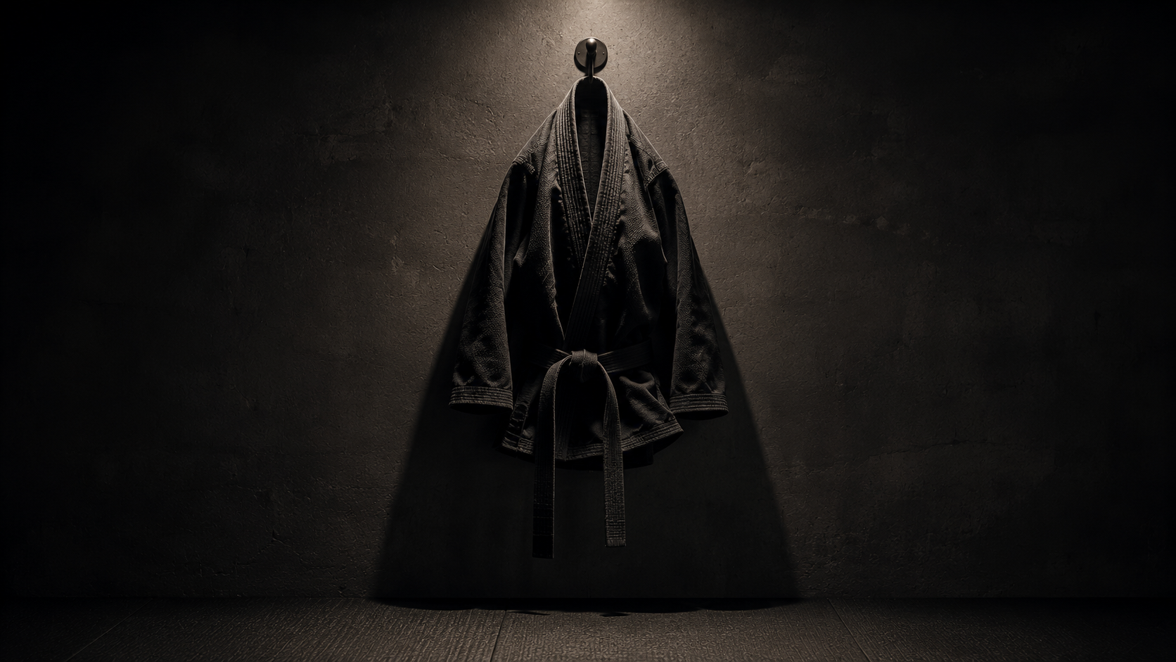 Black martial arts gi with a belt hanging on a hook against a dark wall, illuminated by a single light source.