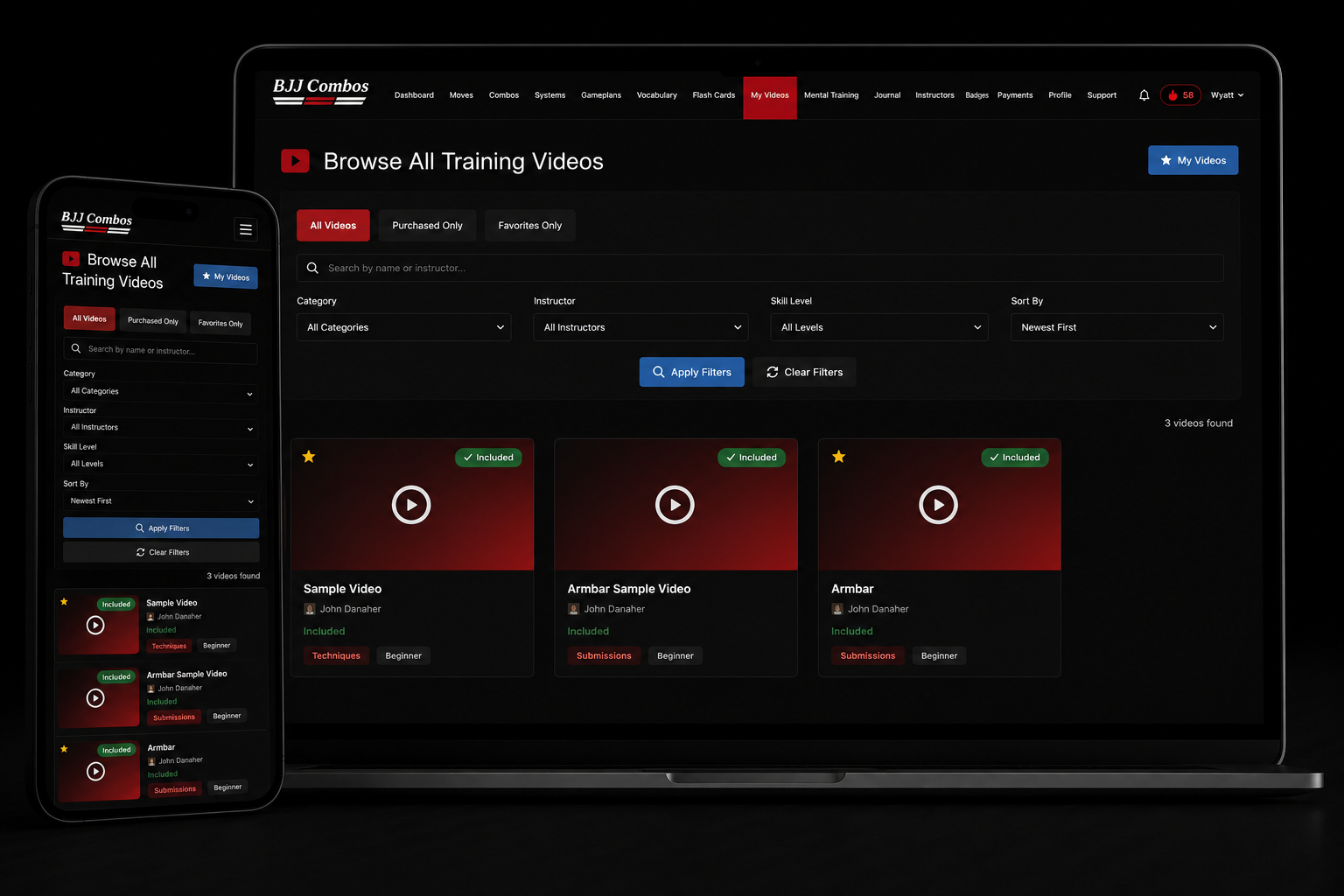 Screenshot of a website and mobile app for BJJ Combos showing training videos, including browsing options, filters, and a list of videos with titles 'Sample Video,' 'Armbar Sample Video,' and 'Armbar,' listed with instructor 'John Danaher' and labels like 'Included,' 'Techniques,' 'Submissions,' and 'Beginner.'