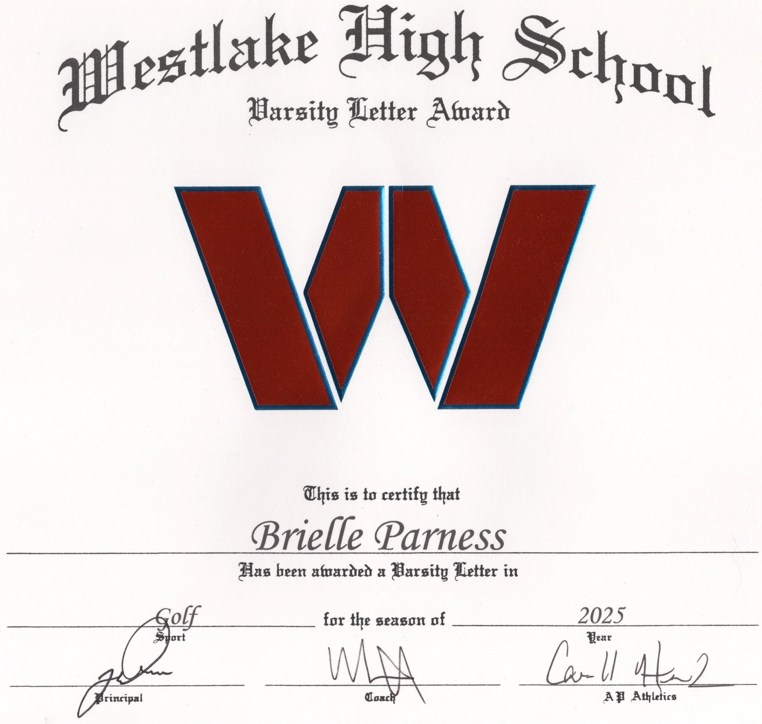 Brielle Parness Varsity Letter Award 2025