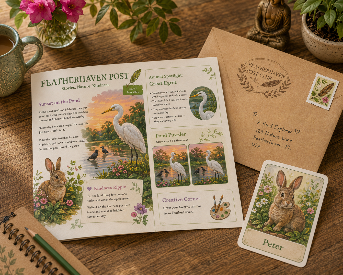 A newsletter titled 'FEATHERHAVEN POST' featuring a story about sunsets and wildlife, with illustrations of a heron and a rabbit, a postcard with a rabbit and wildflowers, a brown envelope addressed to a child explorer, a card with a rabbit named Peter, a mug of tea, potted plants, and a small Buddha statue on a wooden table.