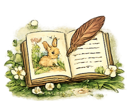 Open illustrated storybook featuring a rabbit and a bird, surrounded by grass and white flowers, with a large feather resting on the pages.