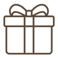 Line drawing of a gift box with a ribbon on top.