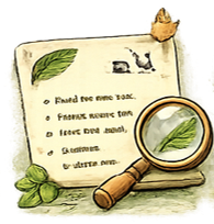 A handwritten to-do list about plants, with a leaf and basil beside it, a magnifying glass focusing on a leaf, and a small animal figurine on top of the paper.