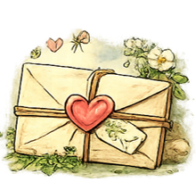 A decorative envelope tied with a string and heart-shaped wax seal, surrounded by flowers and plants.