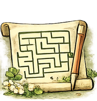 A vintage map or scroll with a maze puzzle, decorated with white flowers and green leaves.