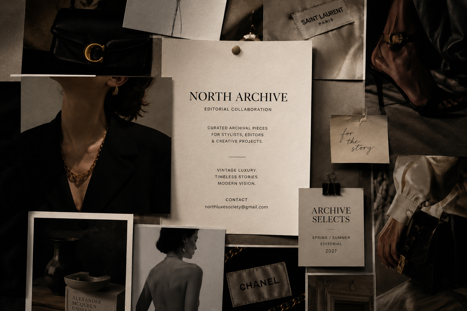 Arrangement of fashion magazine clippings, photographs, and notes, including a black purse with a gold 'C' clasp, a shoe, a Chanel label, and a note with 'for the story,' on a dark surface.