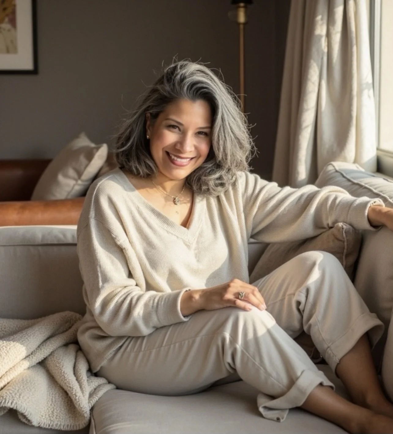 A woman with gray hair smiling, sitting on a beige sofa in a cozy, sunlit living room, wearing a cream-colored sweater and pants.