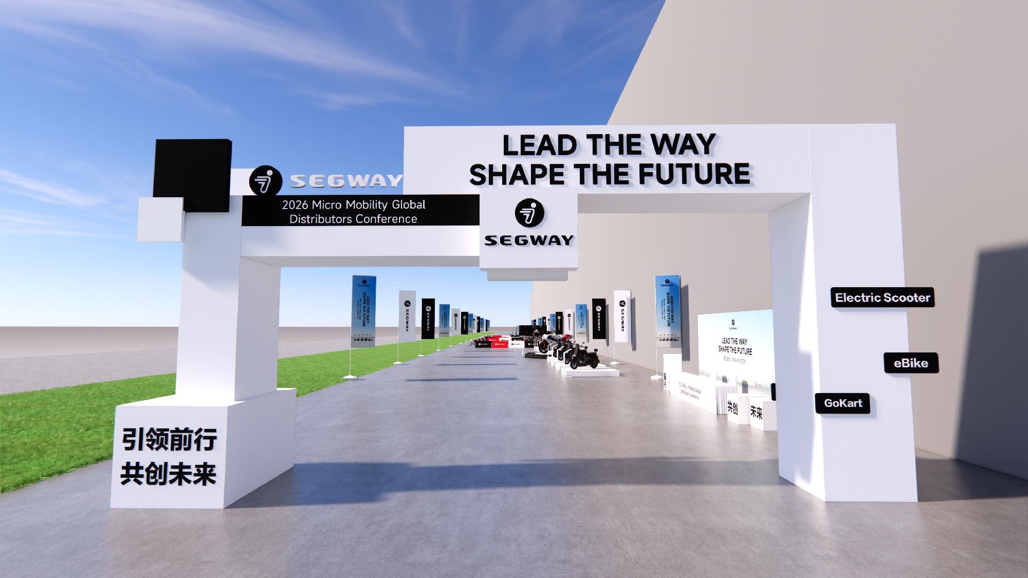 An outdoor exhibition with a large archway that has the message "Lead the Way Shape the Future." The setup showcases electric scooters, e-bikes, and Gokarts. There are signs labeling different vehicle types and promotional banners along the pathway. The sky is blue with some clouds.