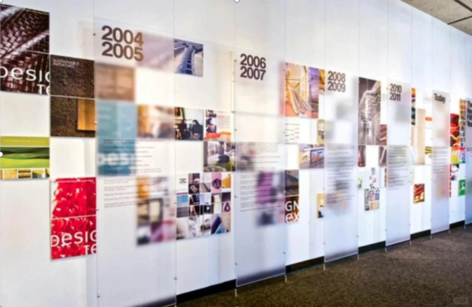 A timeline display on a white wall showing years from 2004 to today, with various images and text related to each year, in an indoor setting.