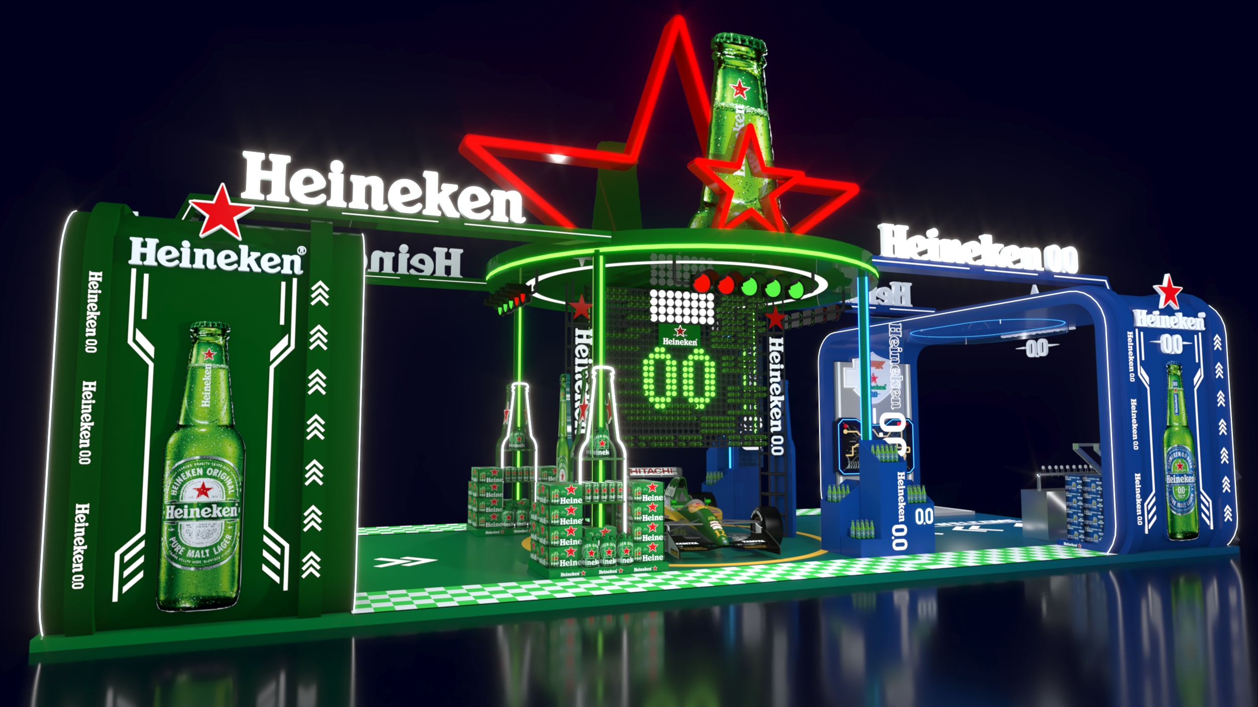 Neon-lit display promoting Heineken beer with large bottle images, illuminated Heineken logos, bright star-shaped neon, and a digital countdown timer at a night event.