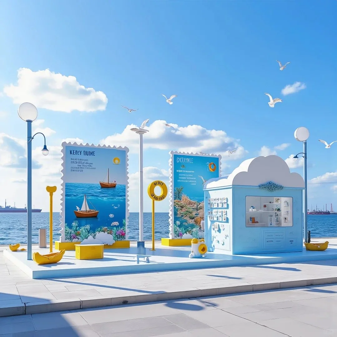 A seaside public art installation with informational display panels and a small kiosk, featuring a blue sky with clouds and seagulls flying, near the water with ships in the background.