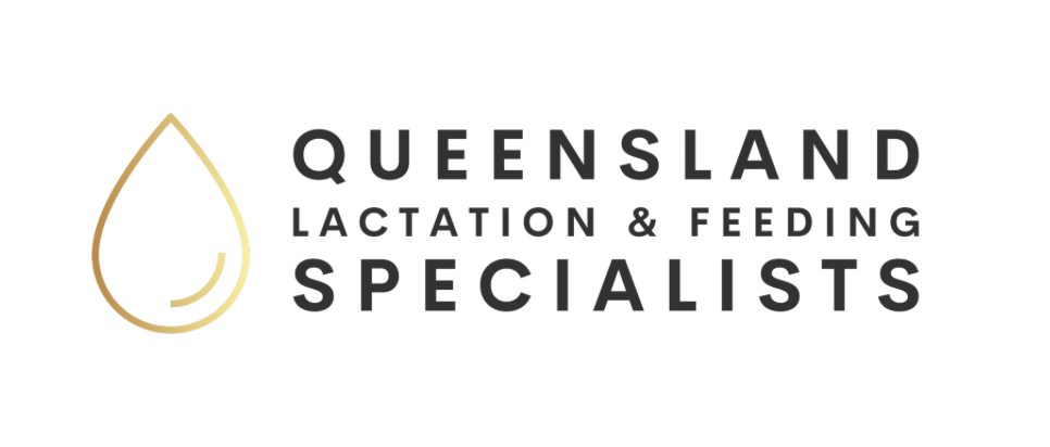 Logo for Queensland Lactation & Feeding Specialists featuring a stylized gold drop of liquid and bold black text